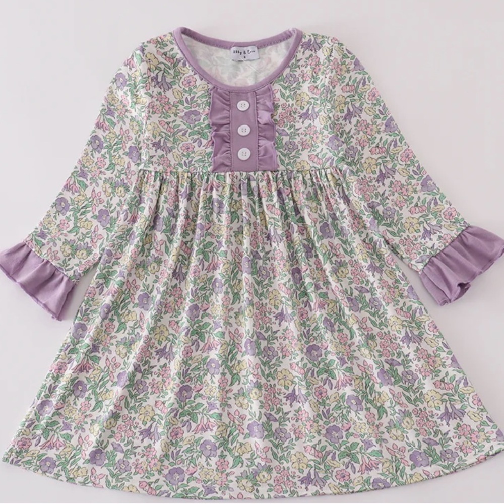 Floral Long Sleeve Dress with Purple Accents
